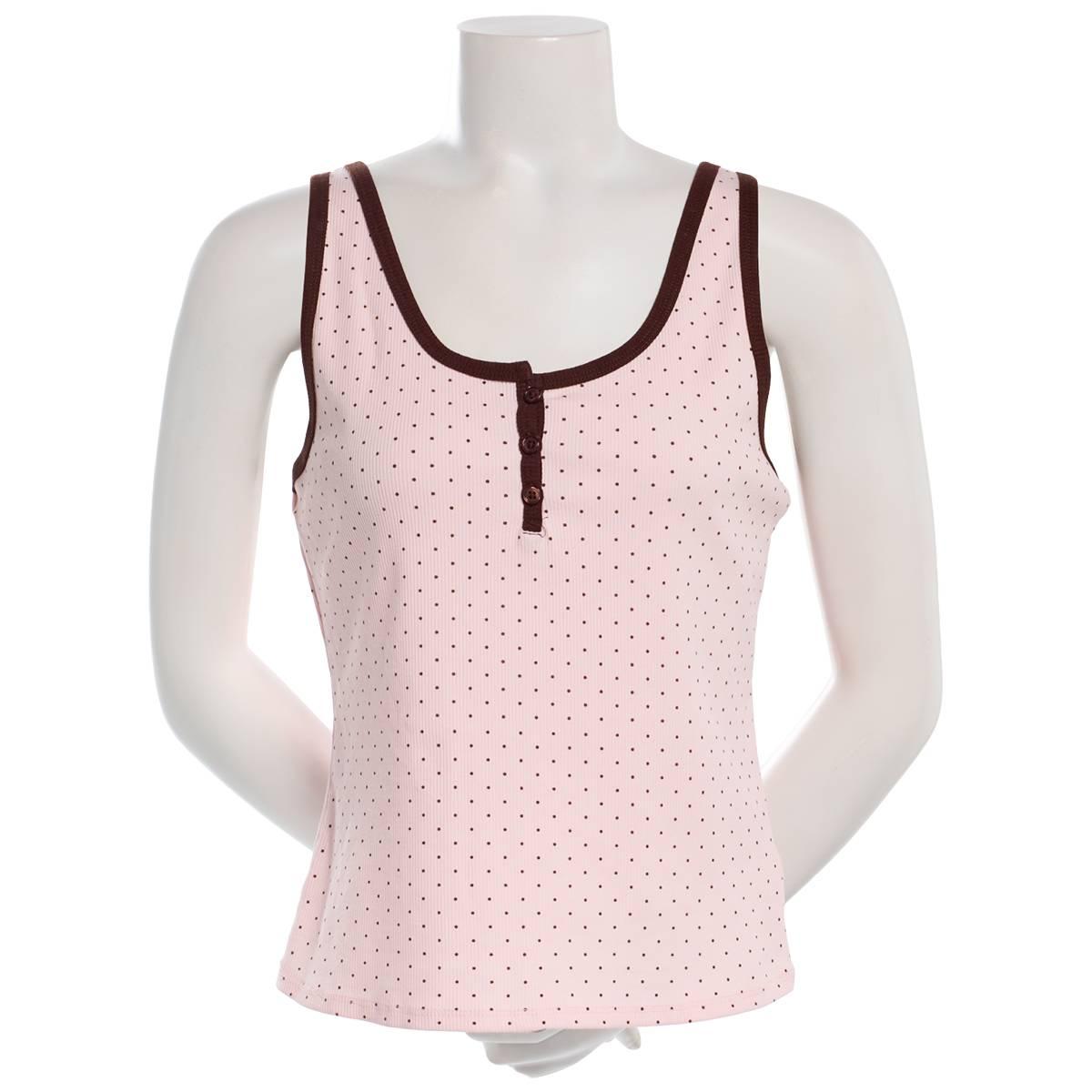 Juniors Pink Rose Polka Dot Henley Long Tank Top - Dots