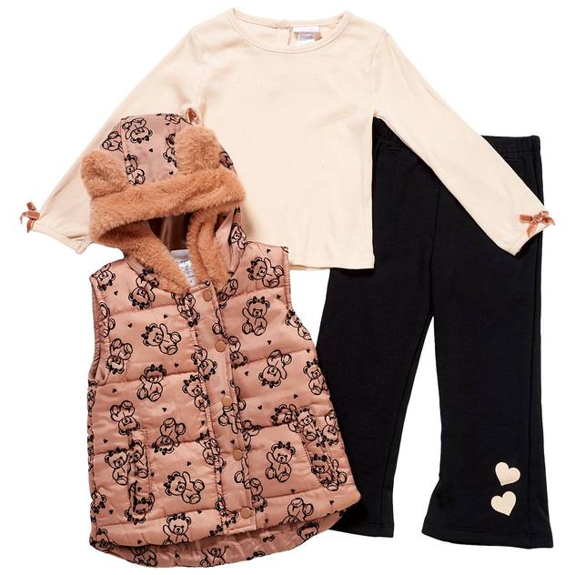 Girls (4-6x) Little Lass® 3pc. Teddy Bear Puff Vest & Flare Pant