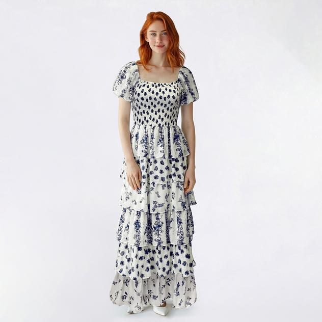 Juniors Crystal Doll Puff Sleeve Mix Tier Maxi Dress