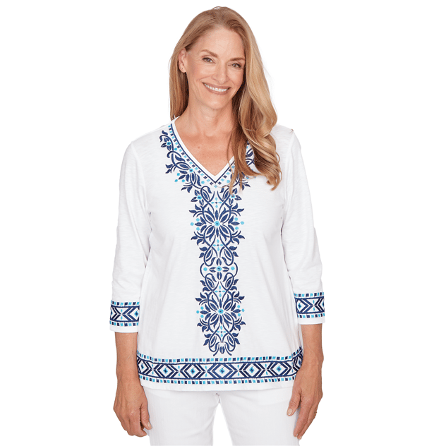 Womens Alfred Dunner Mykonos Scroll Embroidery V Neck Blouse