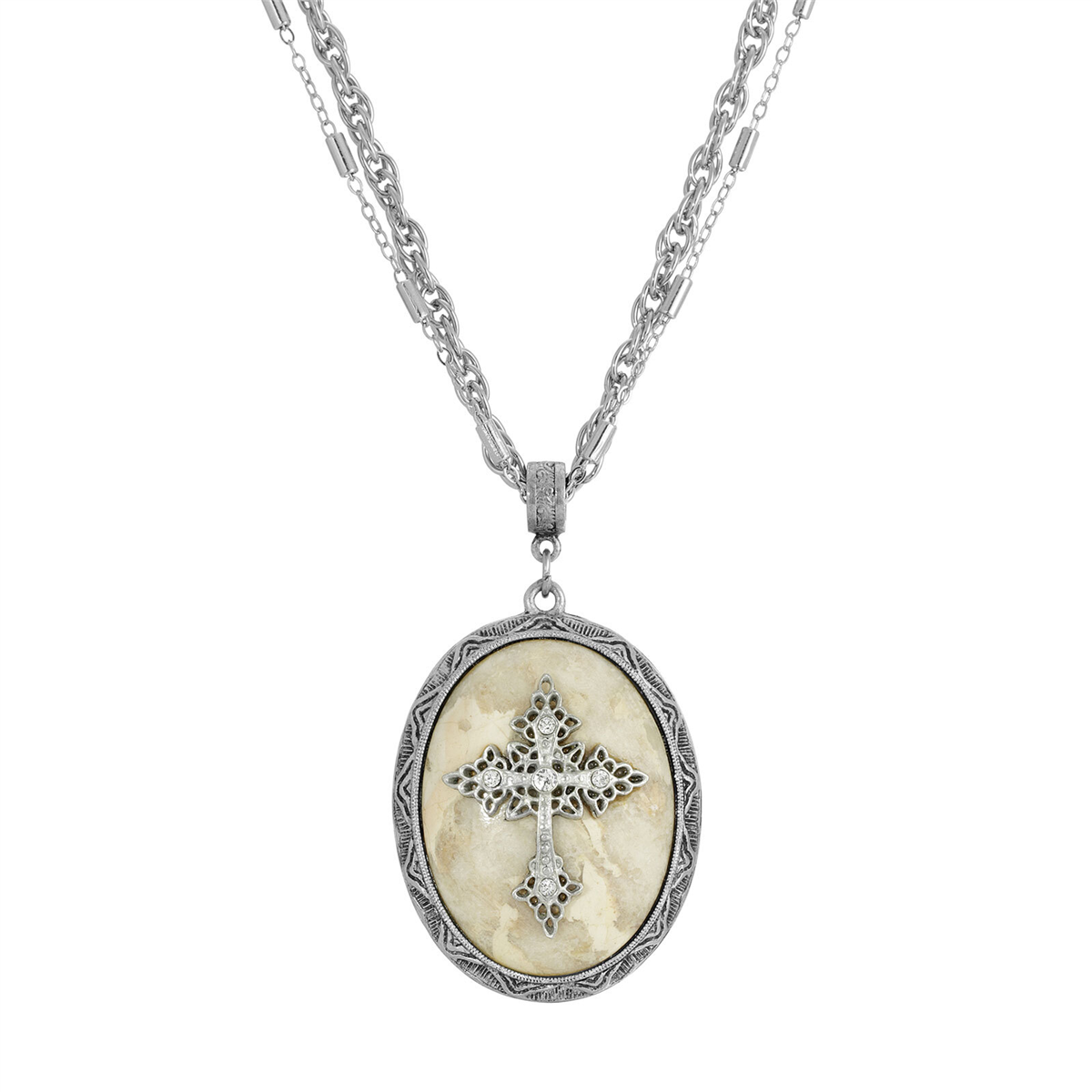 Symbols of Faith Pewter Cross Oval Semi-Precious Necklace