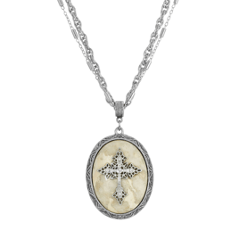 Symbols of Faith Pewter Cross Oval Semi-Precious Necklace