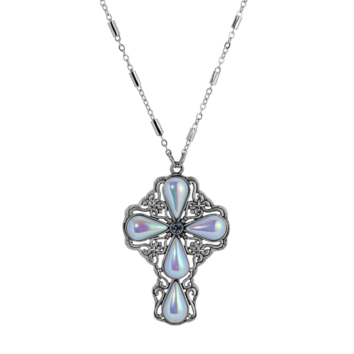 Symbols of Faith Silver Tone AB Crystal Pendant Cross Necklace