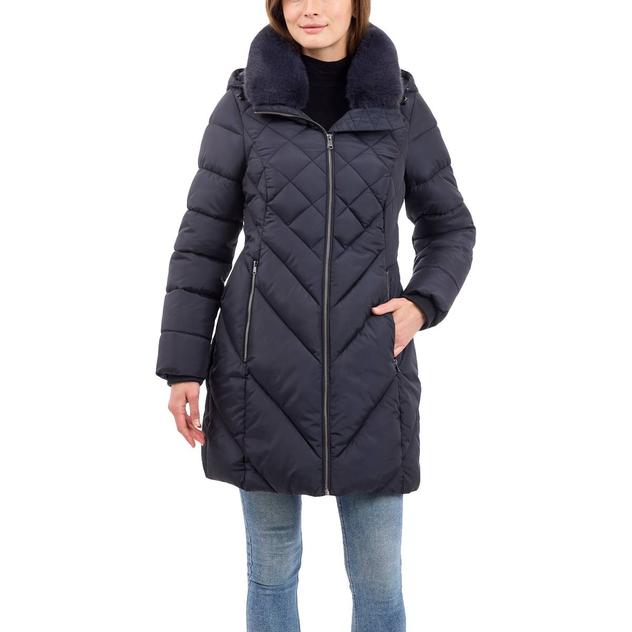 Womens London Fog Long Puffer Coat with Faux Fur Club Collar