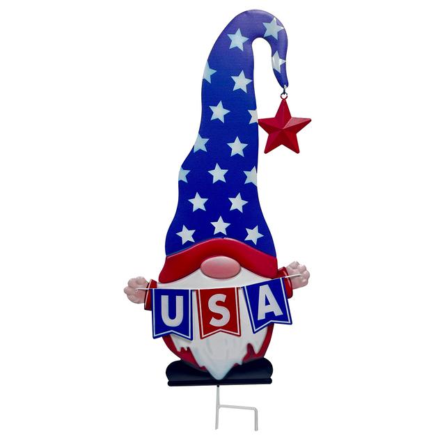 Metal USA Gnome with USA Banner Garden Stake