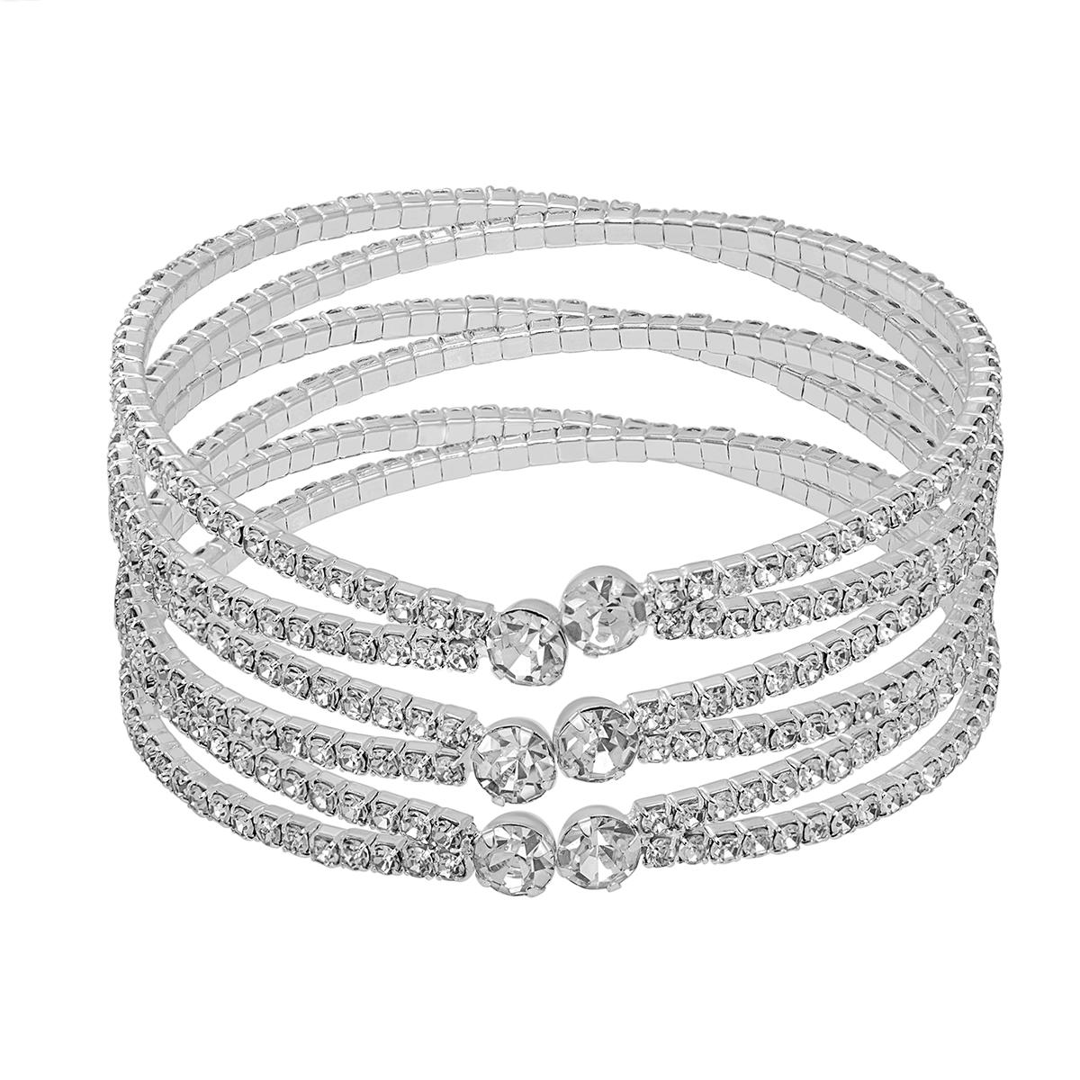 Roman Silver-Tone Crystal Cup Chain Triple Row Cuff Bracelet