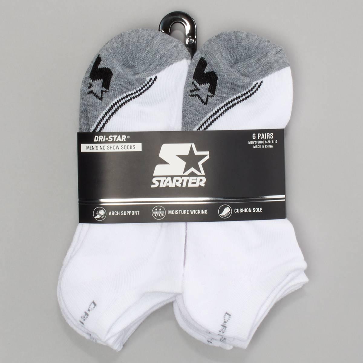 Mens Starter 6 Pk Toe Color Block No Show Socks - White