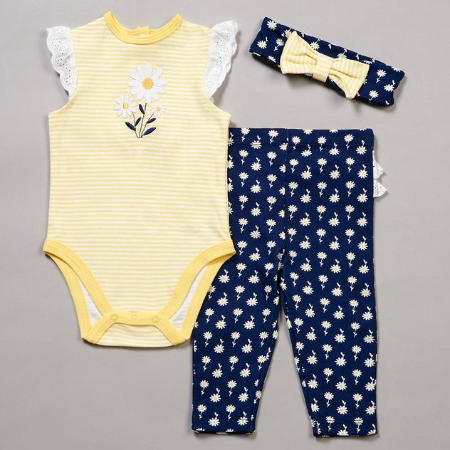 Baby Girl (3-12M) Little Me® Daisy Bodysuit & Pant Set W/Headband
