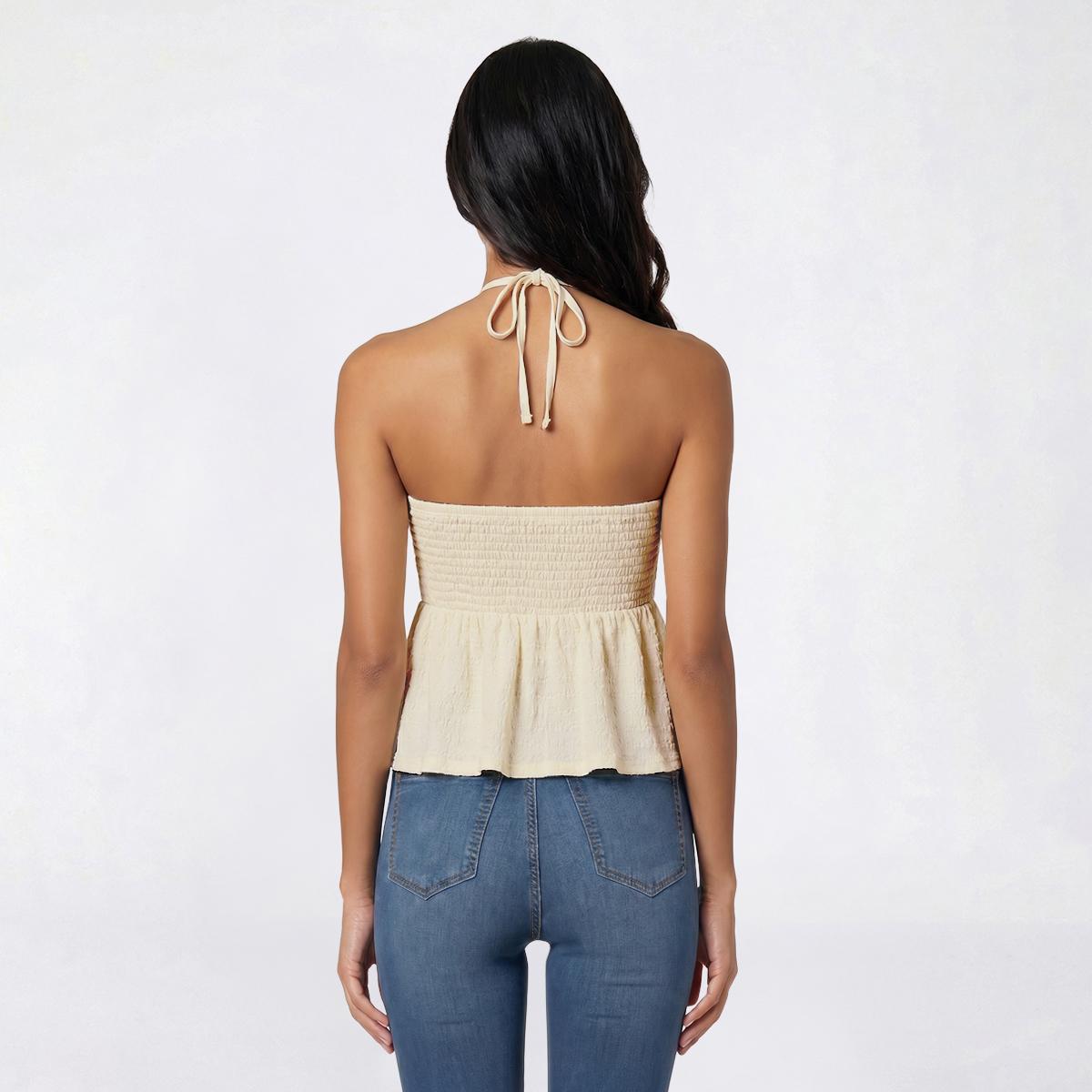 Juniors Derek Heart Pucker Knit Floral Lace Bodice Halter Top