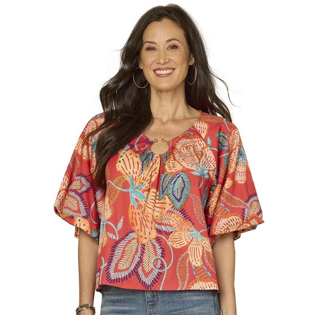 Womens Democracy Elbow Sleeve O-Ring Neck Floral Blouse