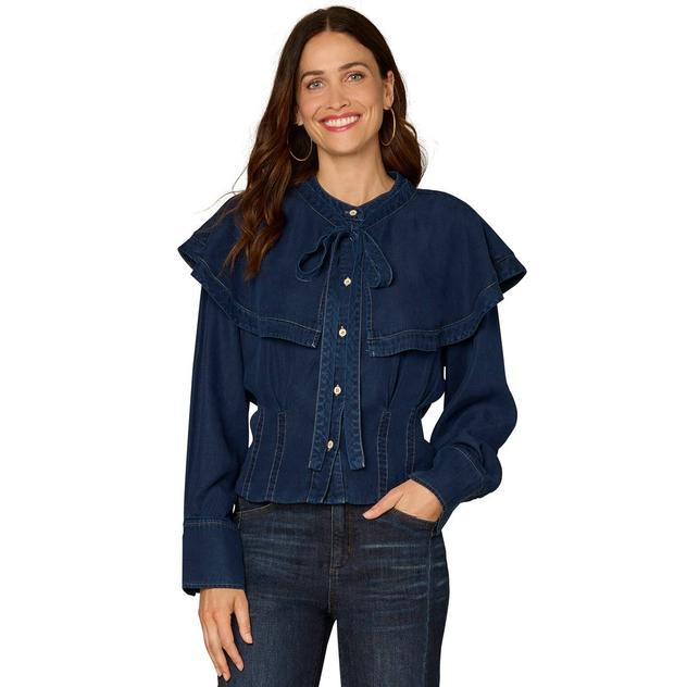 Womens Democracy Long Sleeve Button Down Blouse with Tie Cape