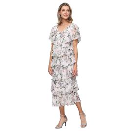 Womens SLNY Short Sleeve Floral Chiffon Tiered Midi Dress