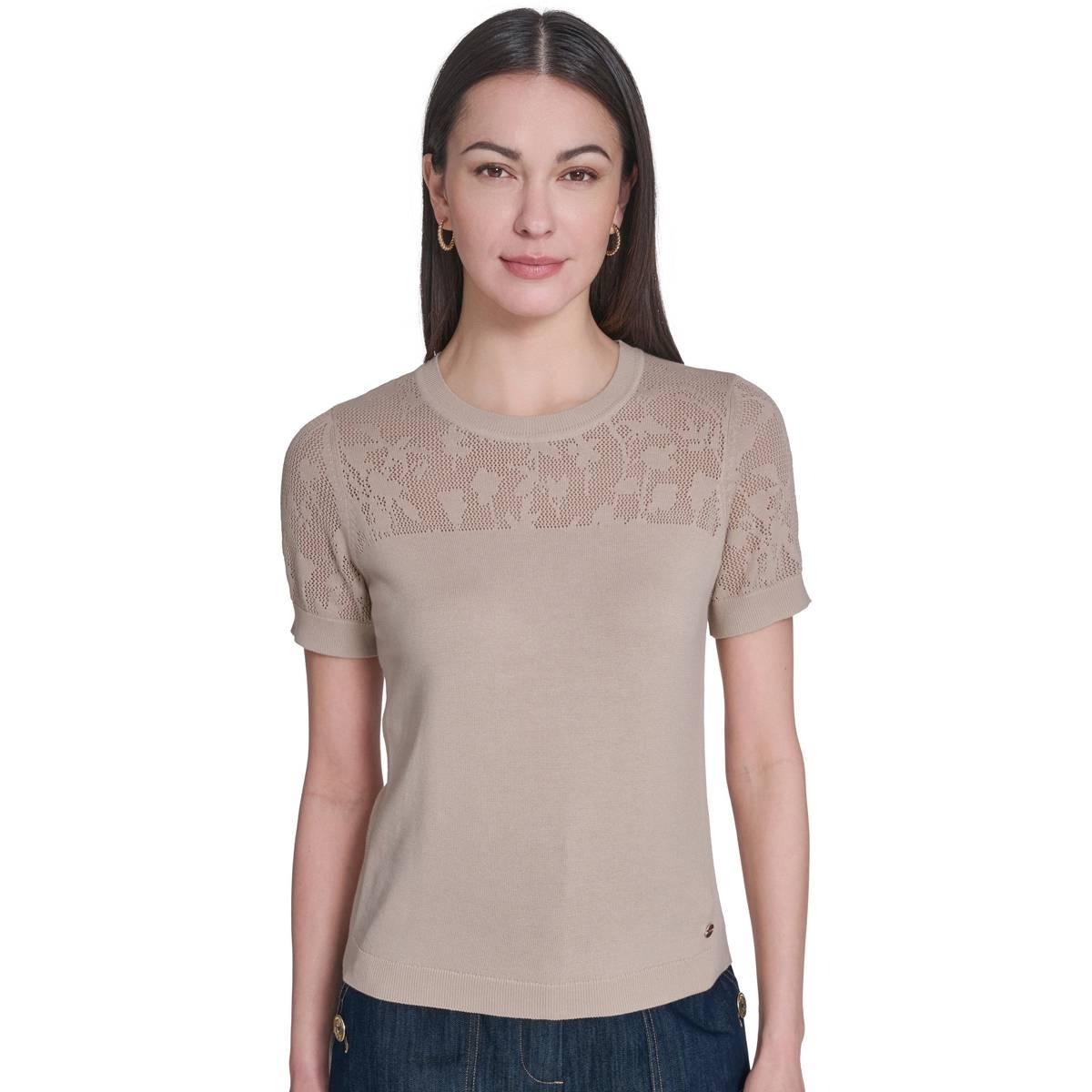 Womens Tommy Hilfiger Short Sleeve Floral Pointelle Sweater