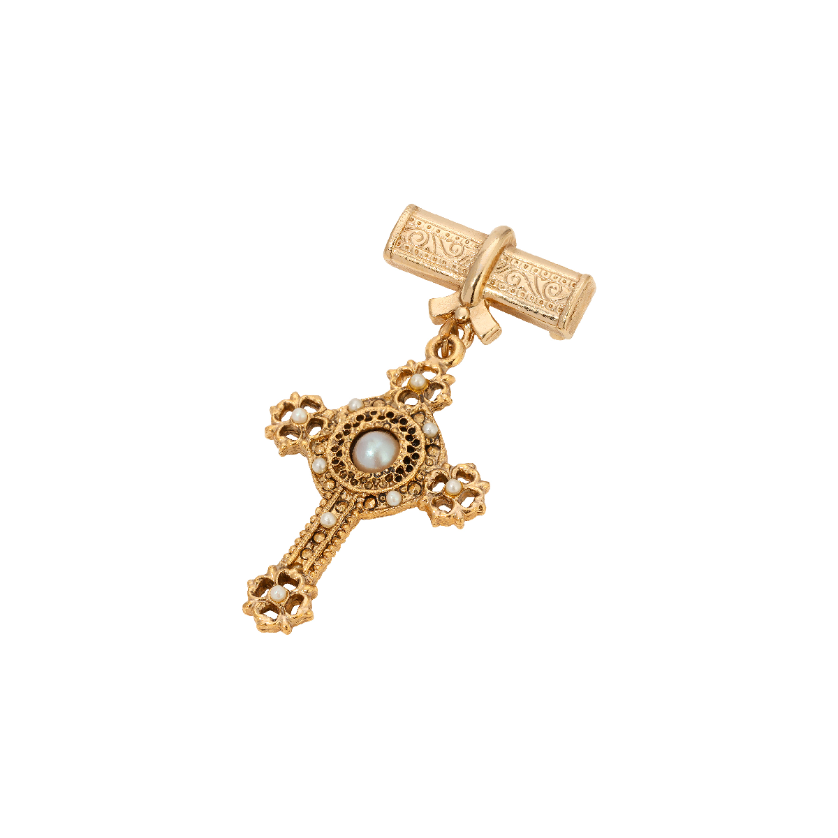 Symbols of Faith Gold Tone Center Faux Pearl Cross Pin