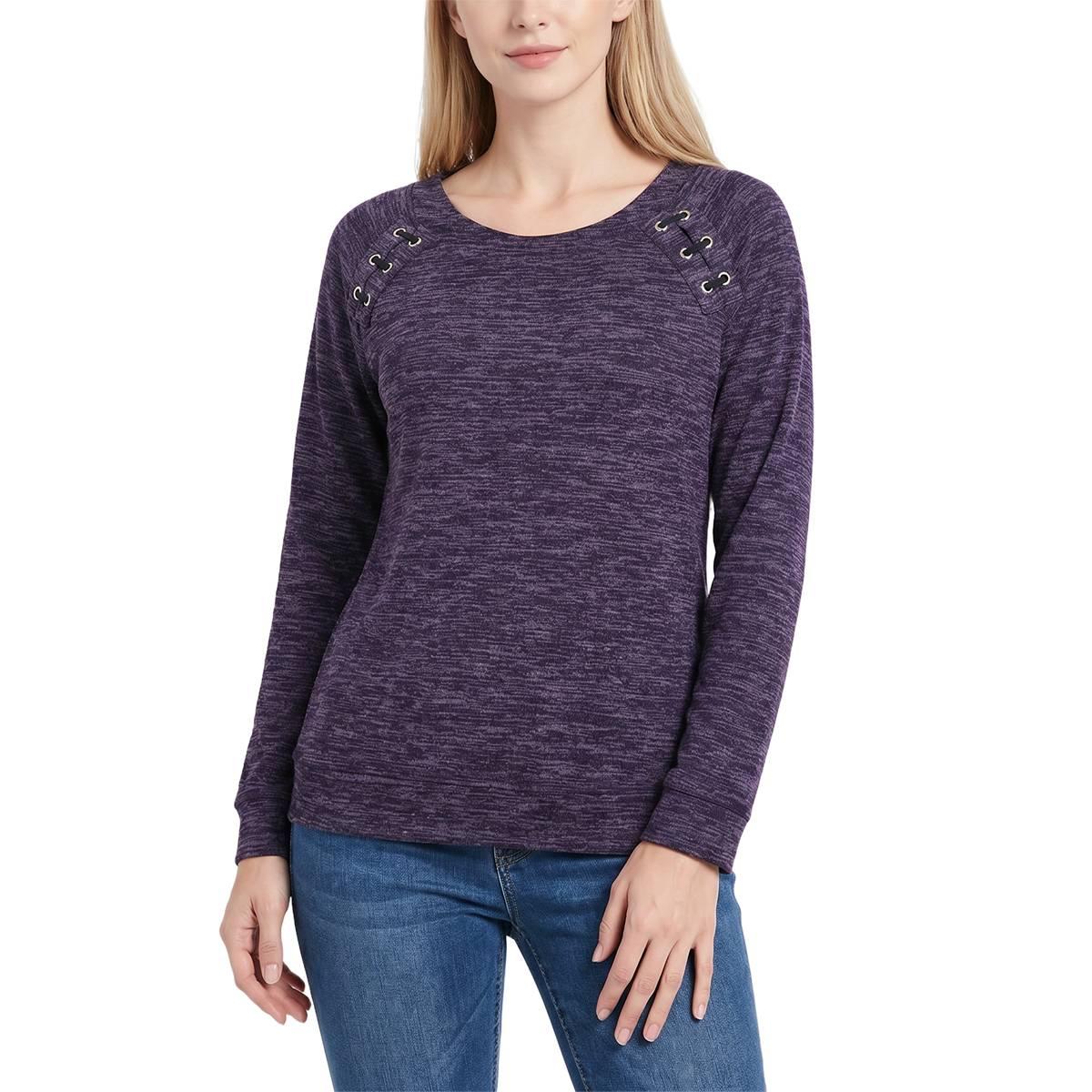 Petite NY Collection Long Raglan Sleeve Space Dye Hacci Top