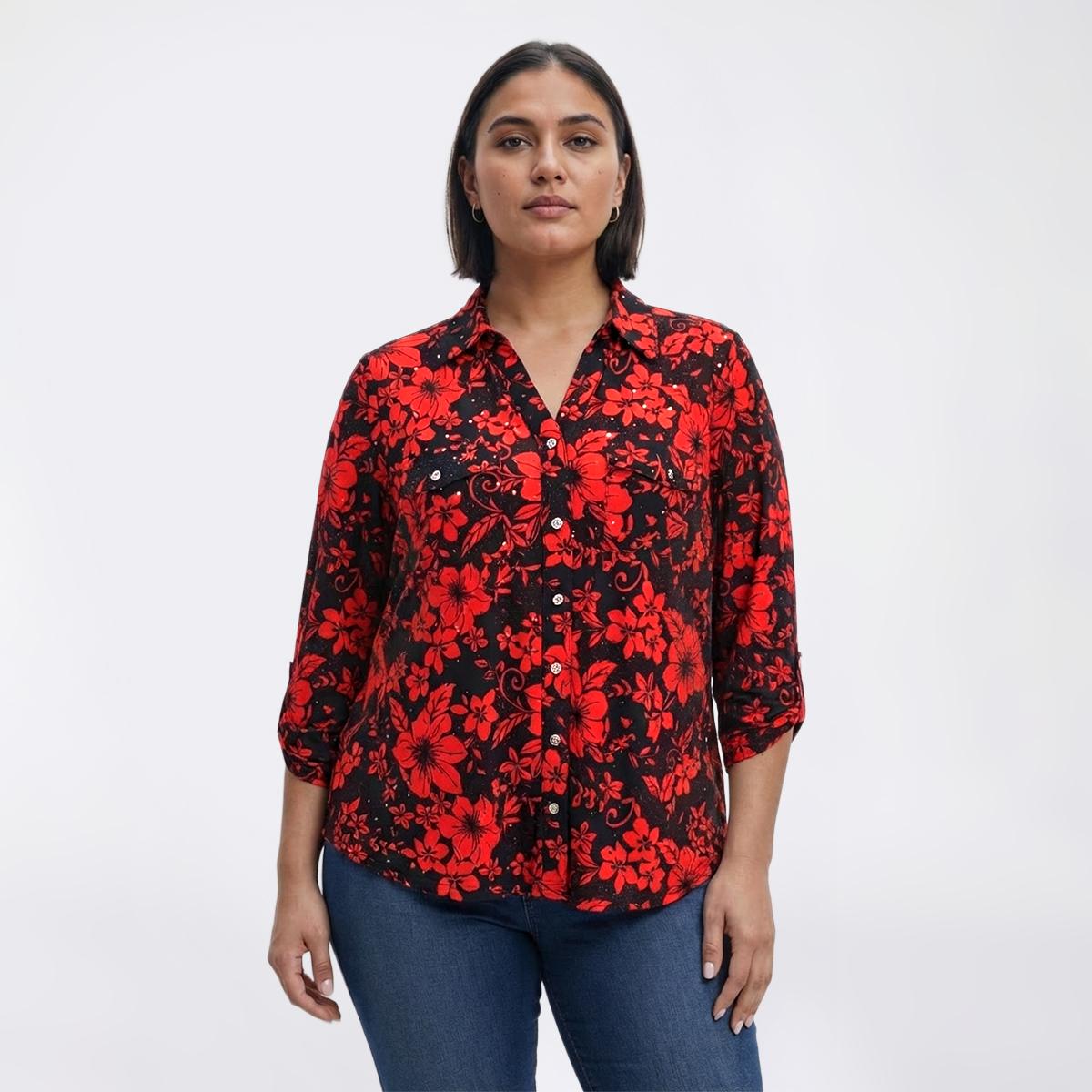 Plus Size Emily Daniels 3/4 Sleeve Disco Dot 2 Pocket Blouse