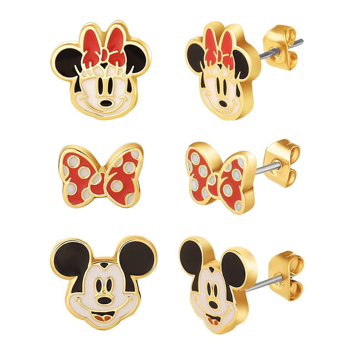 Brass 3pc. Minnie Mouse & Mickey Mouse Stud Earrings Set