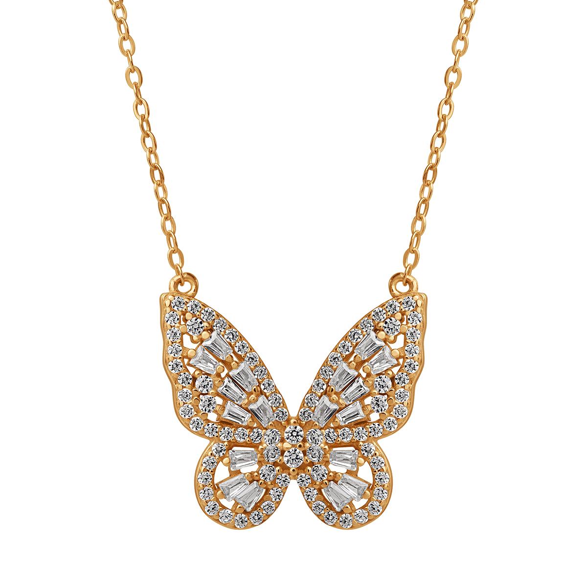 Yellow Gold Plated Cubic Zirconia Butterfly Pendant Necklace