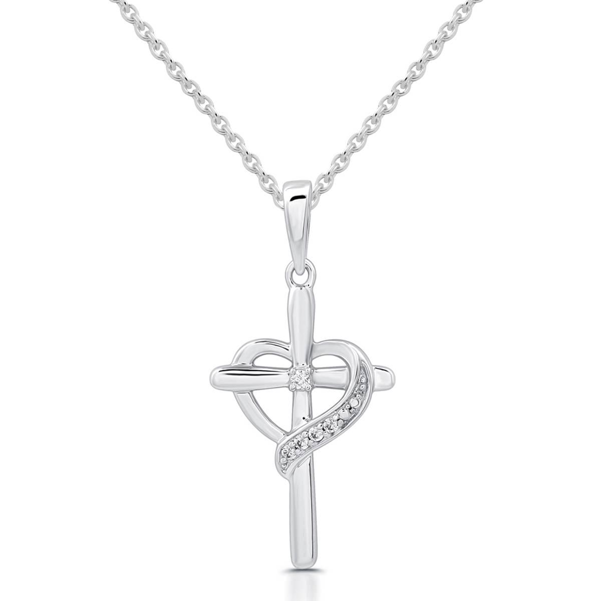 Natural Diamond Sterling Silver Cross Heart Pendant Necklace