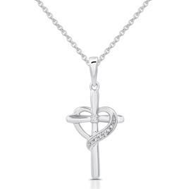 Natural Diamond Sterling Silver Cross Heart Pendant Necklace