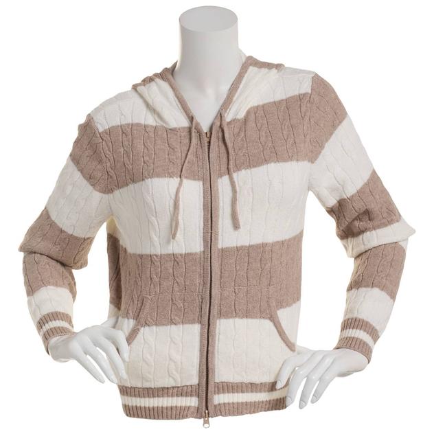 Juniors Pink Rose Mossy Cable Wide Stripe 2 Way Zip Hoodie