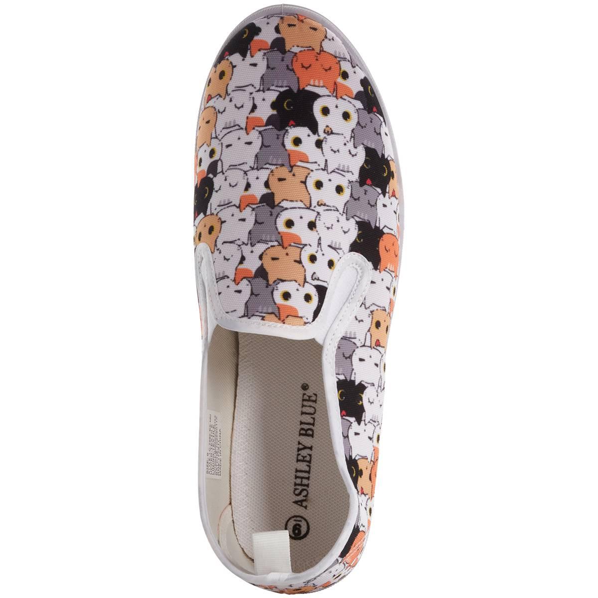 Womens Ashley Blue Canvas Cat Faces Slip On Fashion Sneakers