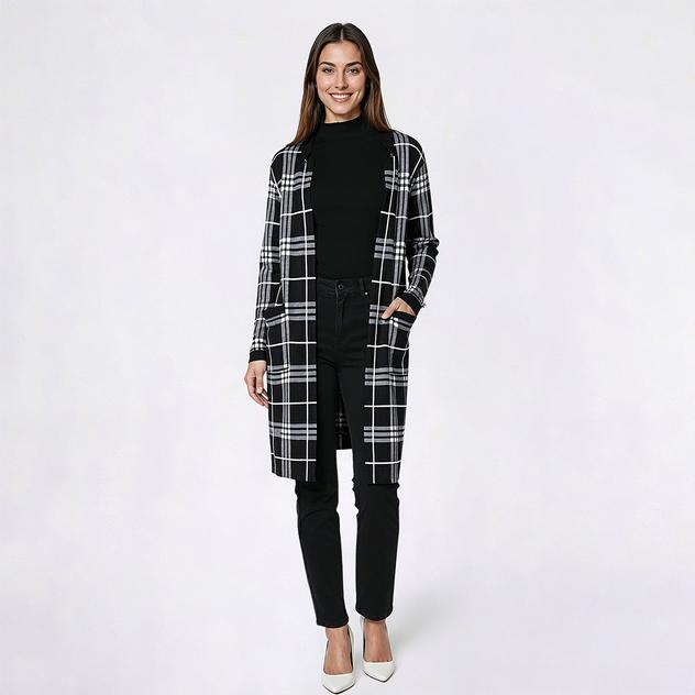 Womens Kasper Long Sleeve Kiss Open Front Plaid Cardigan