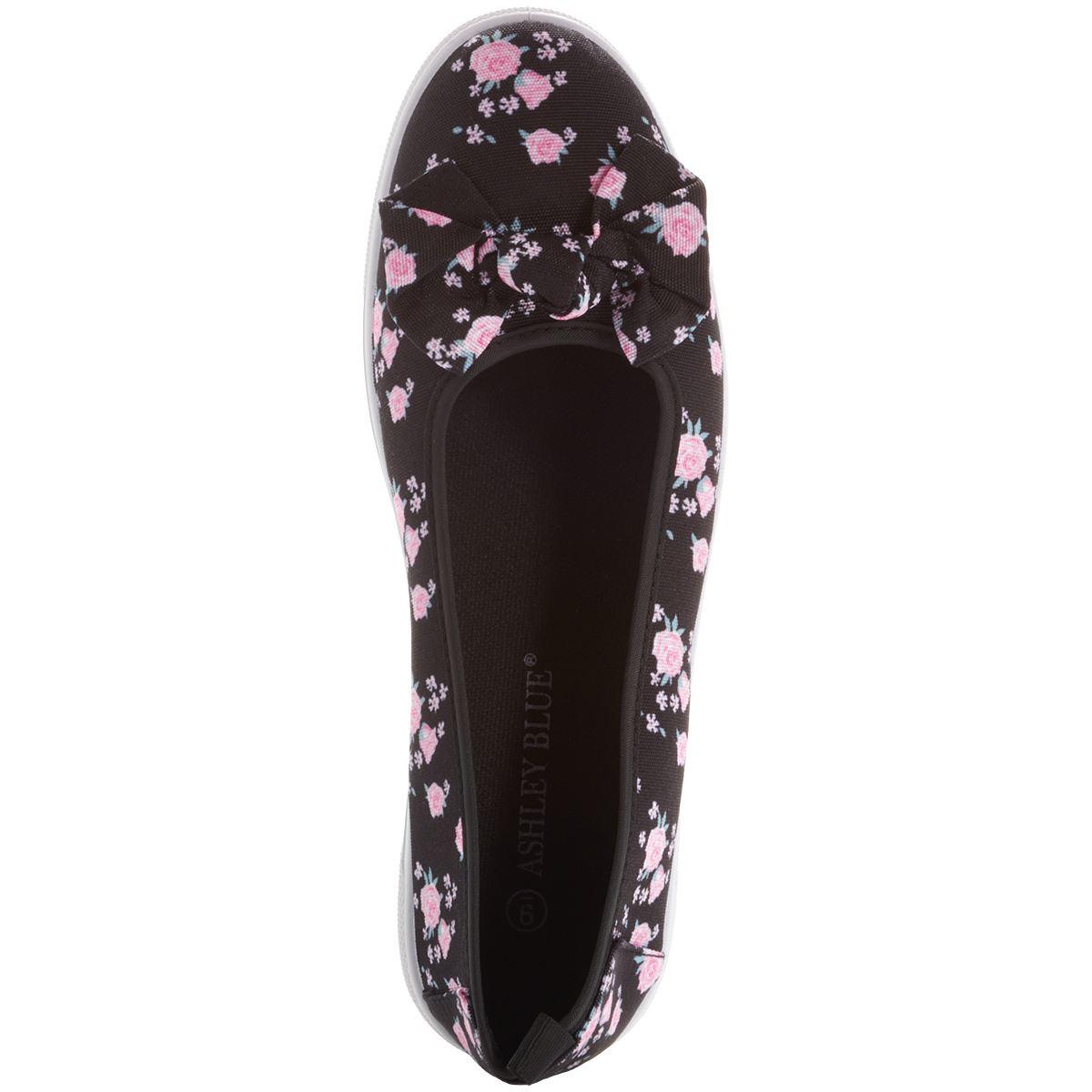 Womens Ashley Blue Floral With Bow Slip On Flats