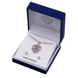Silver-Tone Amethyst CZ Filigree Heart Pendant & Earring Set