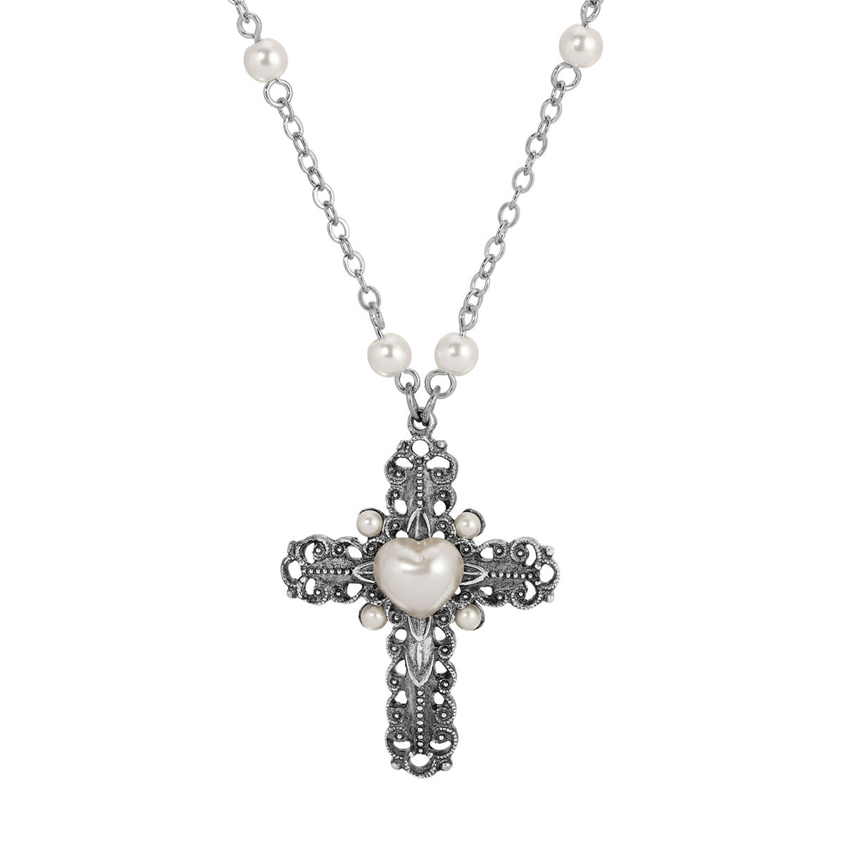Symbols of Faith Silver Tone Cross Heart Faux Pearl Necklace