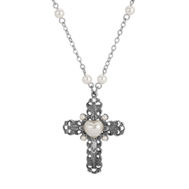 Symbols of Faith Silver Tone Cross Heart Faux Pearl Necklace