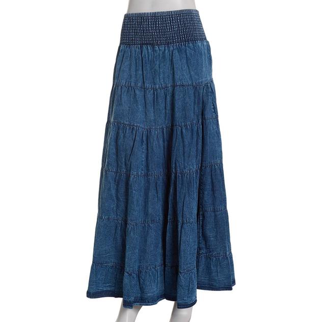 Juniors Angie Smock Waist Denim Tier Washed Maxi Skirt
