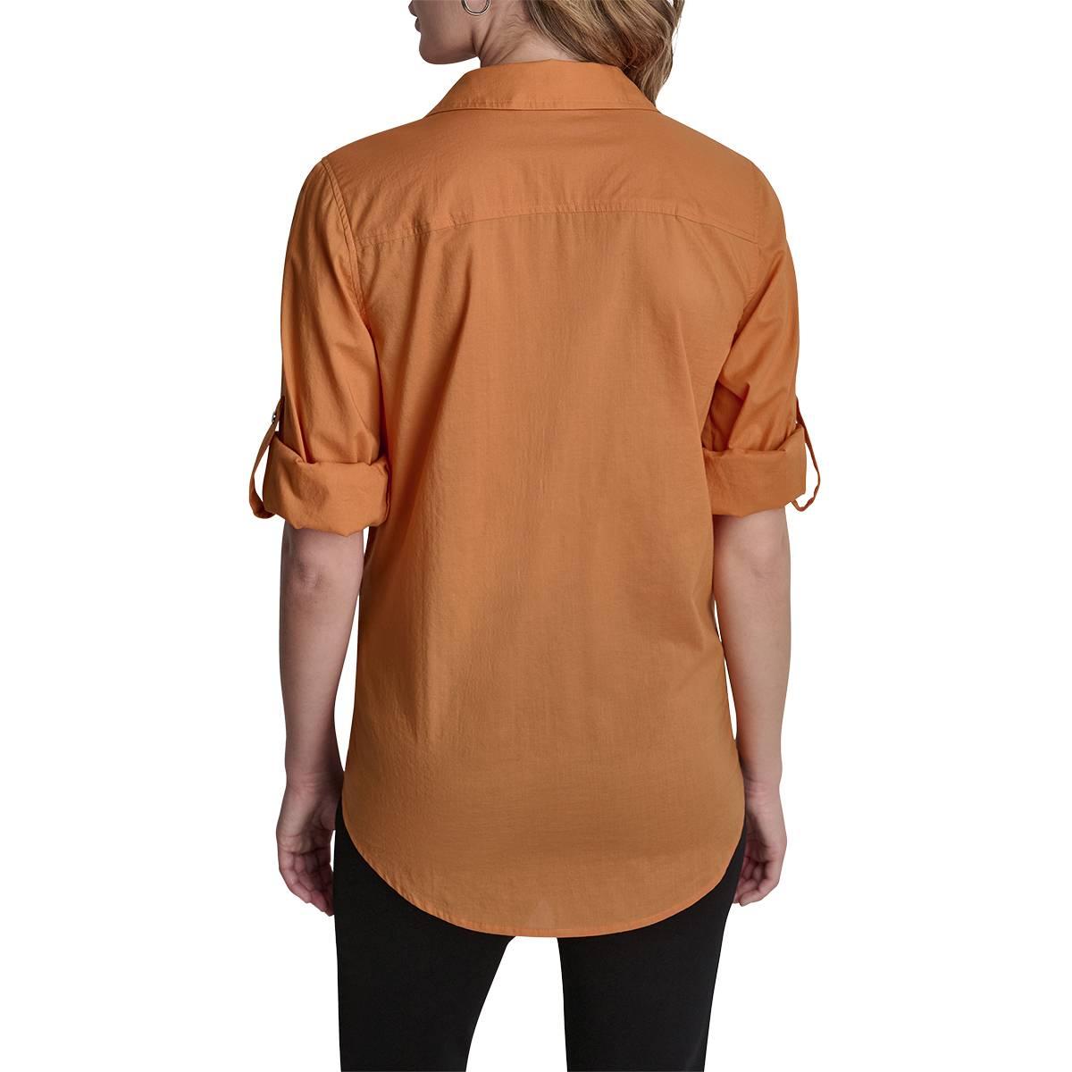 Womens DKNY Roll Tab Sleeve Solid Casual Button Down