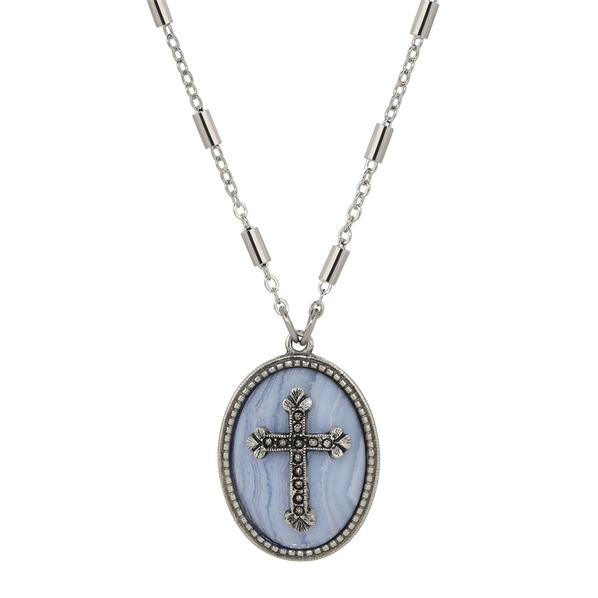 Symbols of Faith Silver Tone Oval Precious Pewter Cross Necklace
