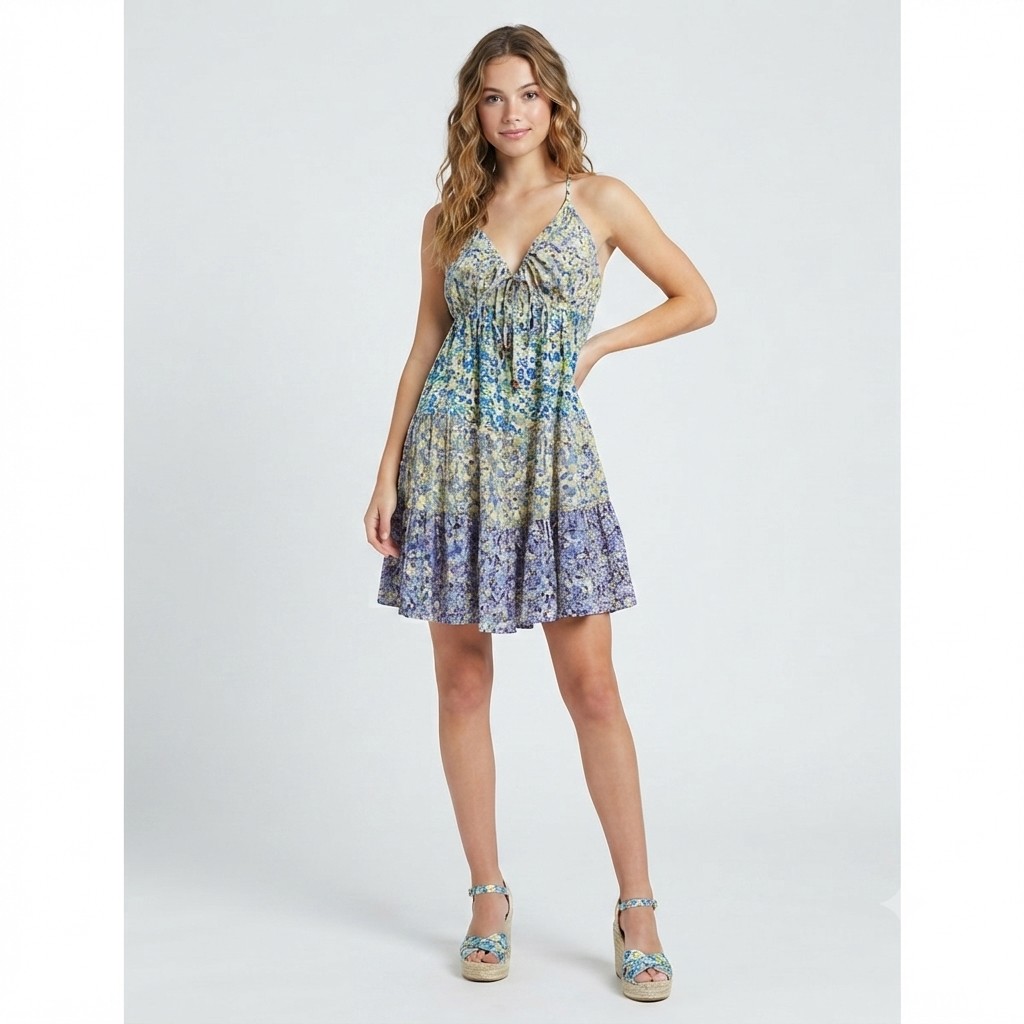 Juniors Angie Mix Floral Print Tie Waist Tier Slip Dress