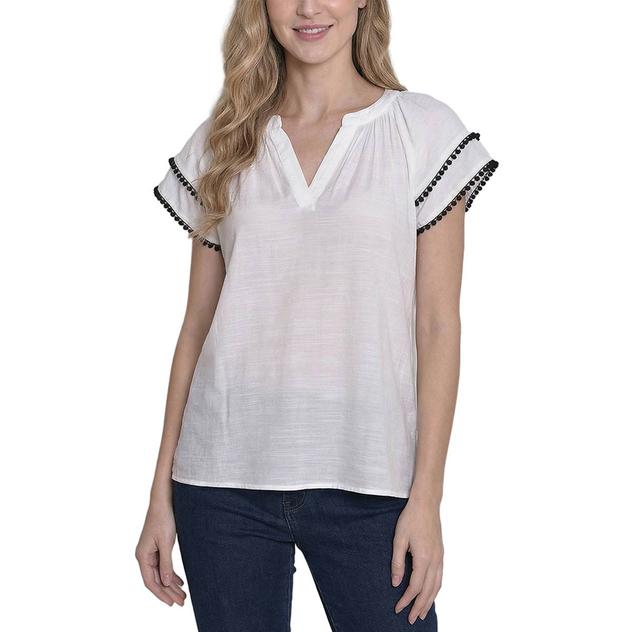 Womens NY Collection Short Sleeve Pom Pom Trim Blouse
