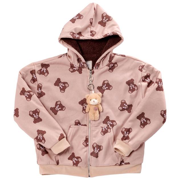 Girls (7-16) No Comment Sherpa Lined Bear Zip Up Hoodie/Keychain