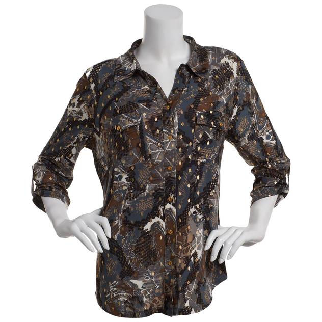 Petite Emily Daniels 3/4 Sleeve Foil Snake Button Front Blouse