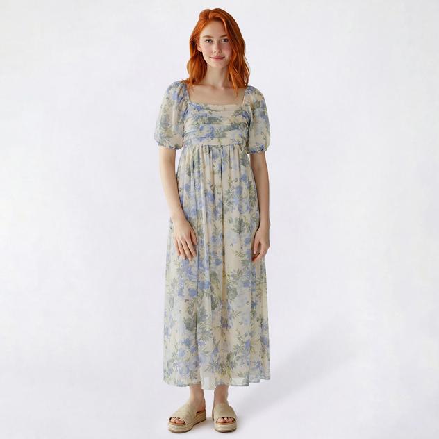 Juniors Wallflower Floral Chiffon Bodice Puff Sleeve Maxi Dress