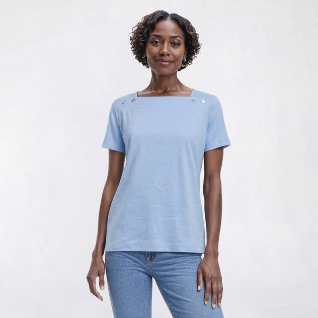 Womens Hasting & Smith Short Sleeve Solid Button Shoulder Tee