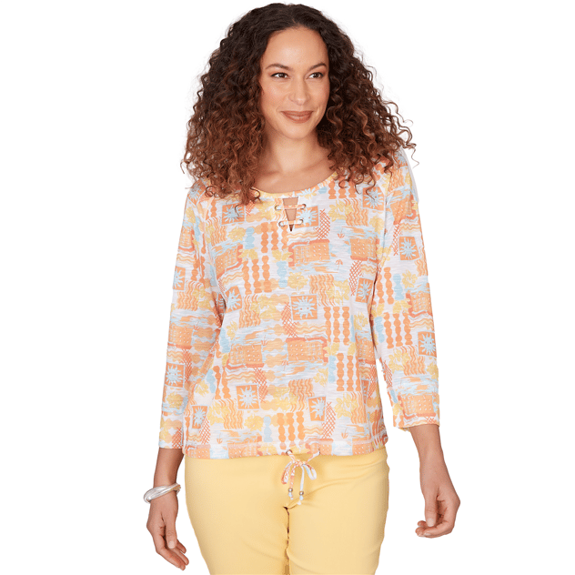 Womens Hearts of Palm Fun in the Sun 3/4 Sleeve Tie Hem Blouse