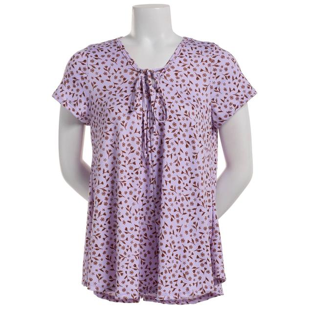 Womens C'est La Vie Short Sleeve Lace-Up Neck Blouse-Lavender