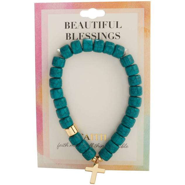 Beautiful Blessings Stretch Turquoise Beaded Cross Charm Bracelet