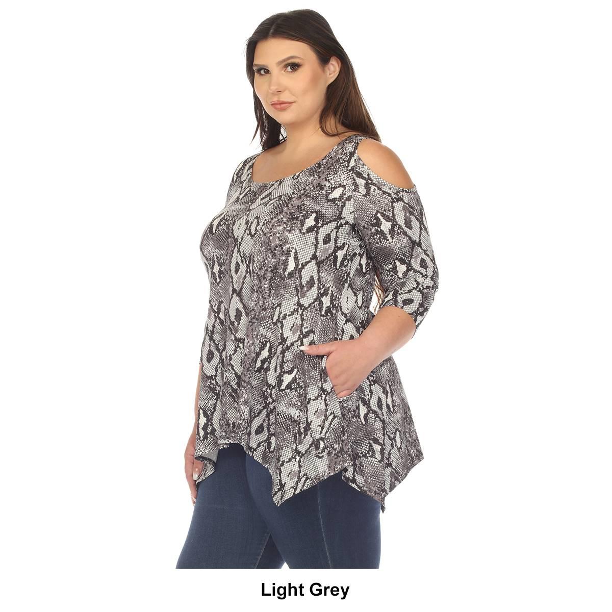 Plus Size White Mark Snake Print Cold Shoulder Tunic