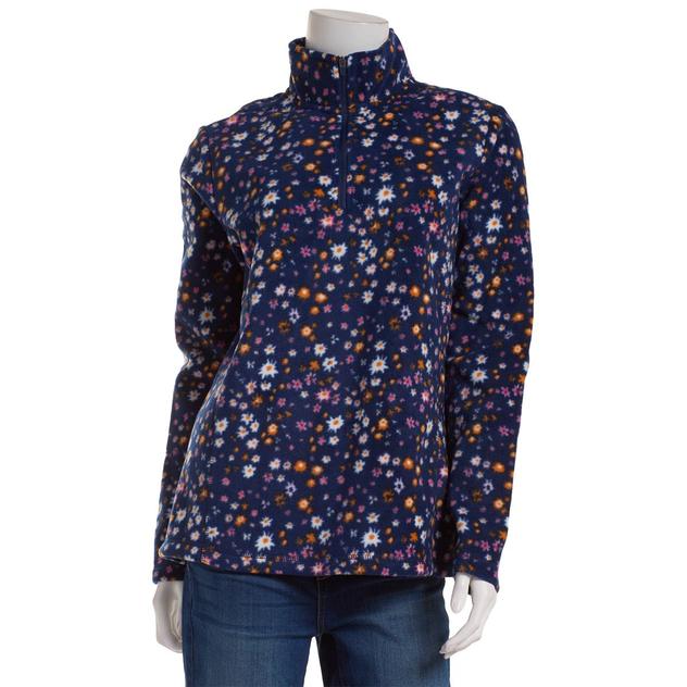 Womens LANDS’ END® Floral Powder Fleece 1/4 Zip Sweatshirt - Navy