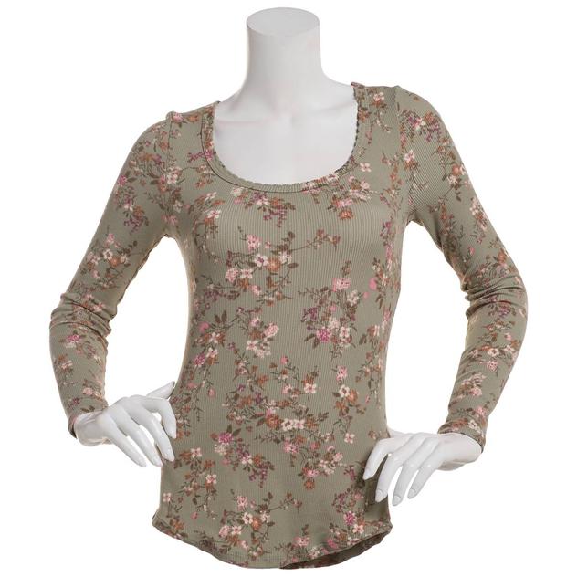 Juniors Wallflower Long Sleeve Floral Rib Scoop Neck Tee
