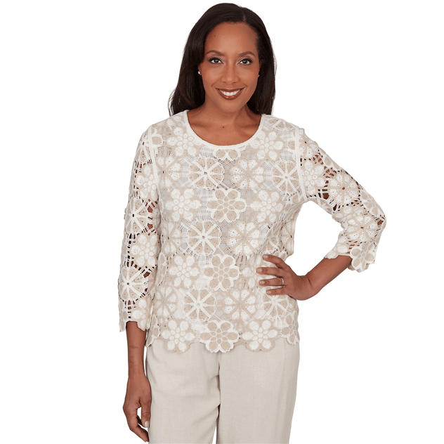 Womens Alfred Dunner Natural Wonder Floral Crochet Blouse