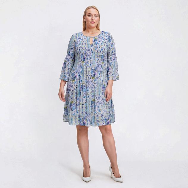 Plus Size Emma & Michele Floral Pleated Keyhole Neck A-Line Dress