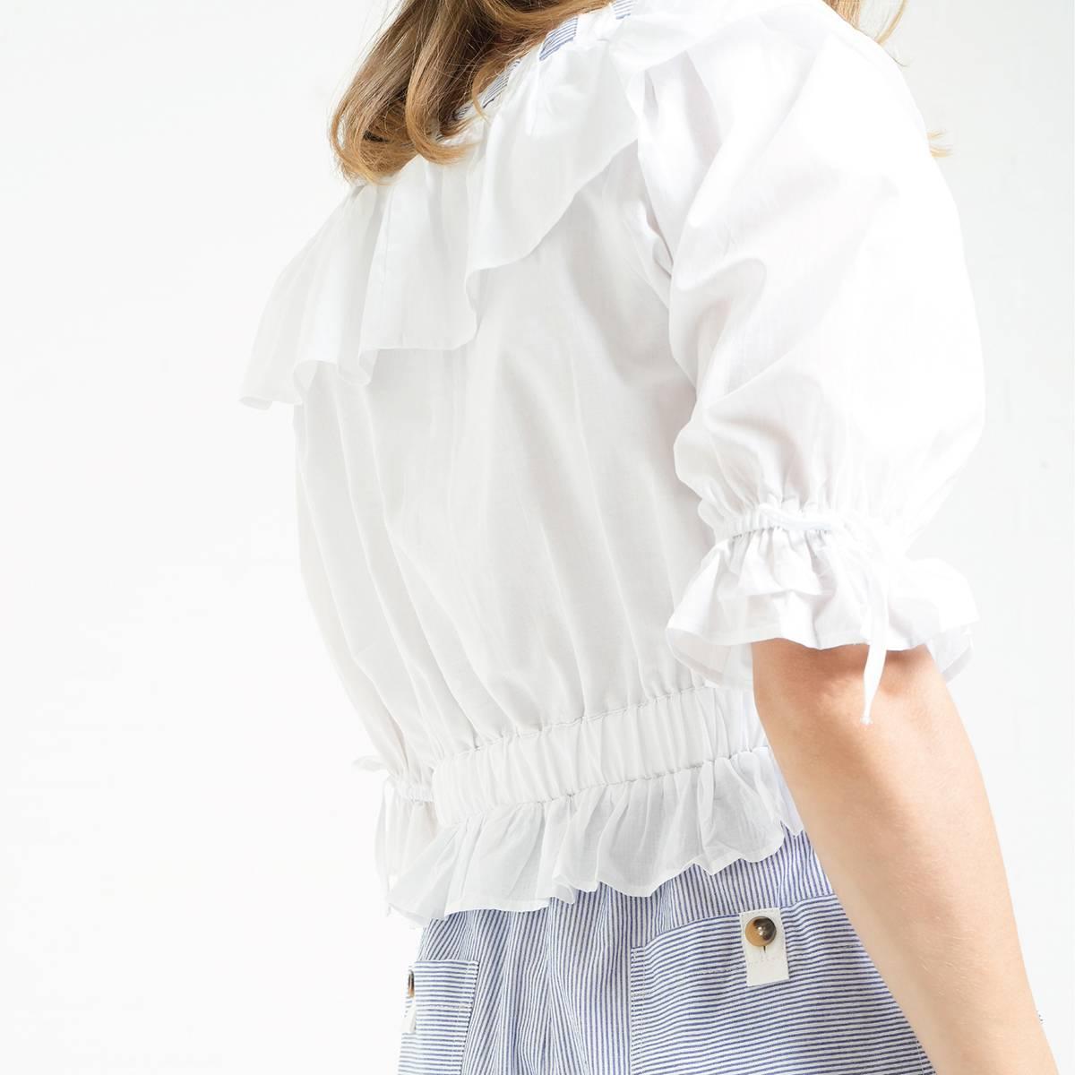 Womens MNK Stripe Elbow Sleeve V-Neck Ruffle Blouse
