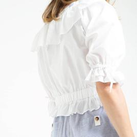 Womens MNK Stripe Elbow Sleeve V-Neck Ruffle Blouse
